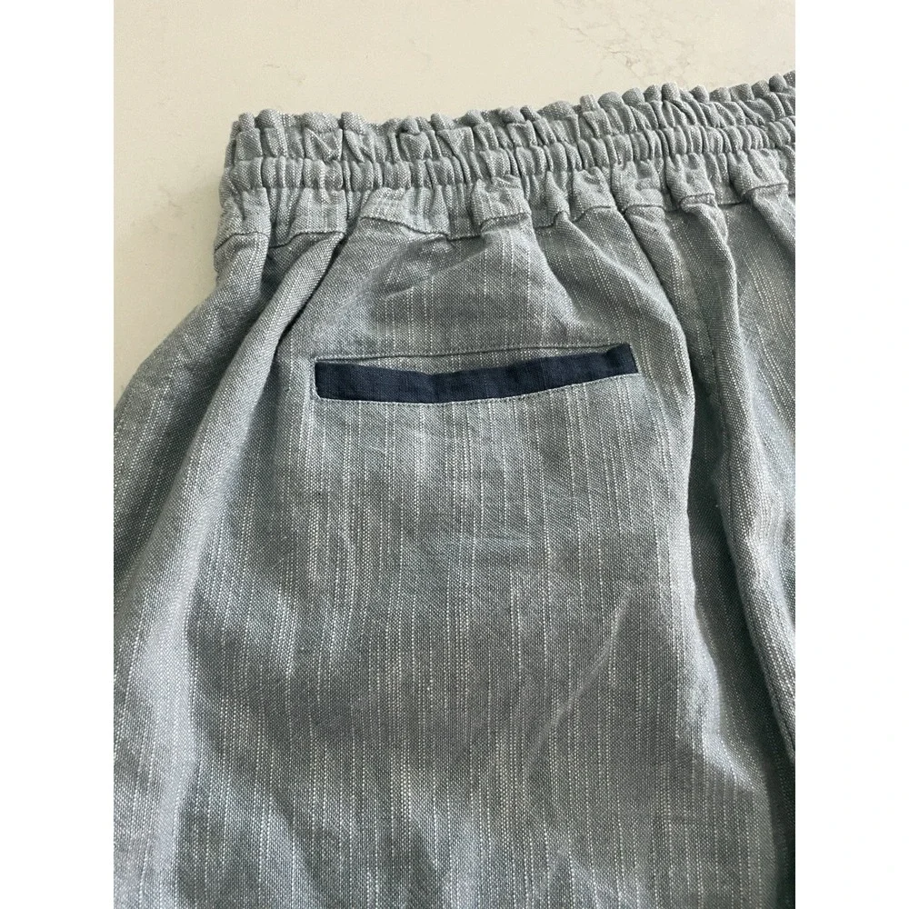 Womens Blue Striped Cropped Pants Elastic Waist Drawstring Tassel Frayed Hem - Picture 7 of 10